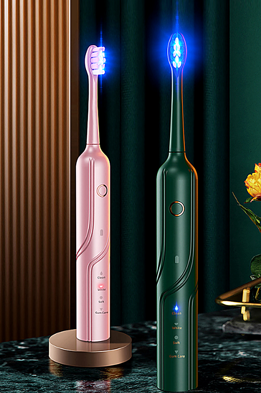 PAT10 sonic electric toothbrush in gold, black and silver with blue brush-head lighting