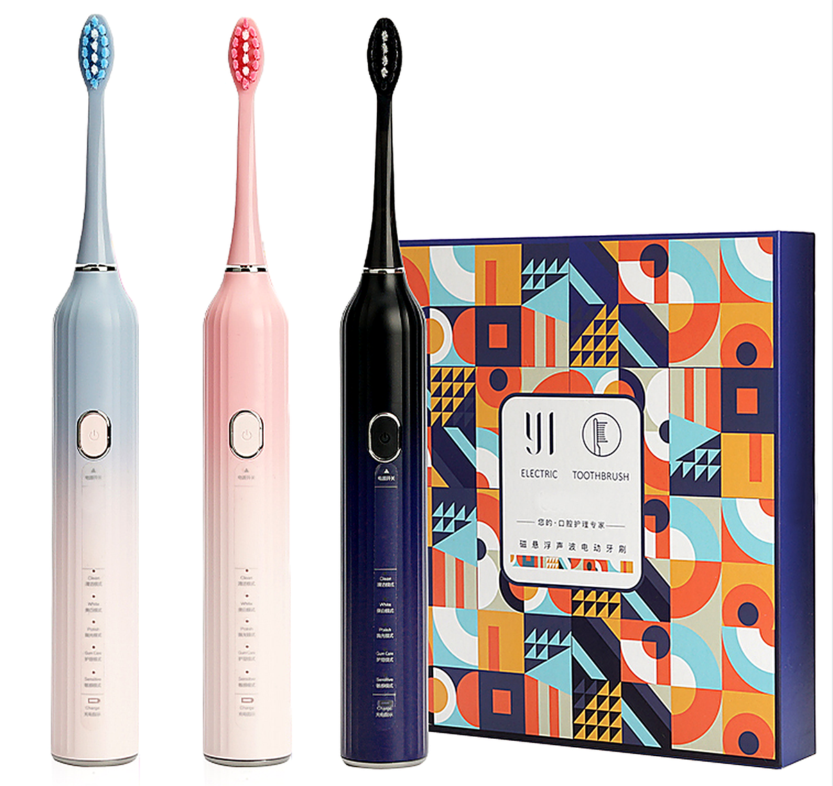 Y1 sonic electric toothbrush in blue, pink and black with patterned gift box