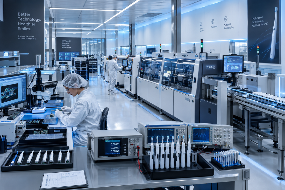 OQPO precision electric toothbrush automated SMT assembly line and cleanroom quality inspection for 500-unit private label OEM manufacturing