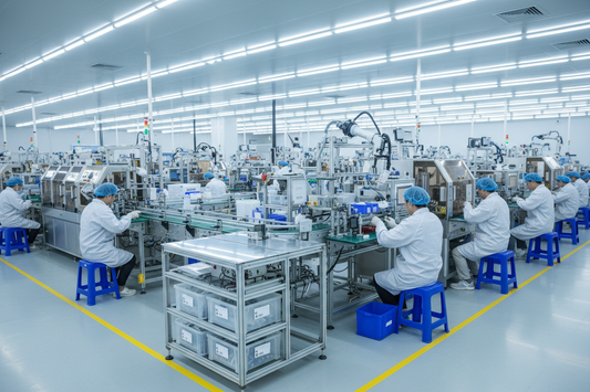 Modern electric toothbrush OEM manufacturing factory floor in China with workers in white lab coats
