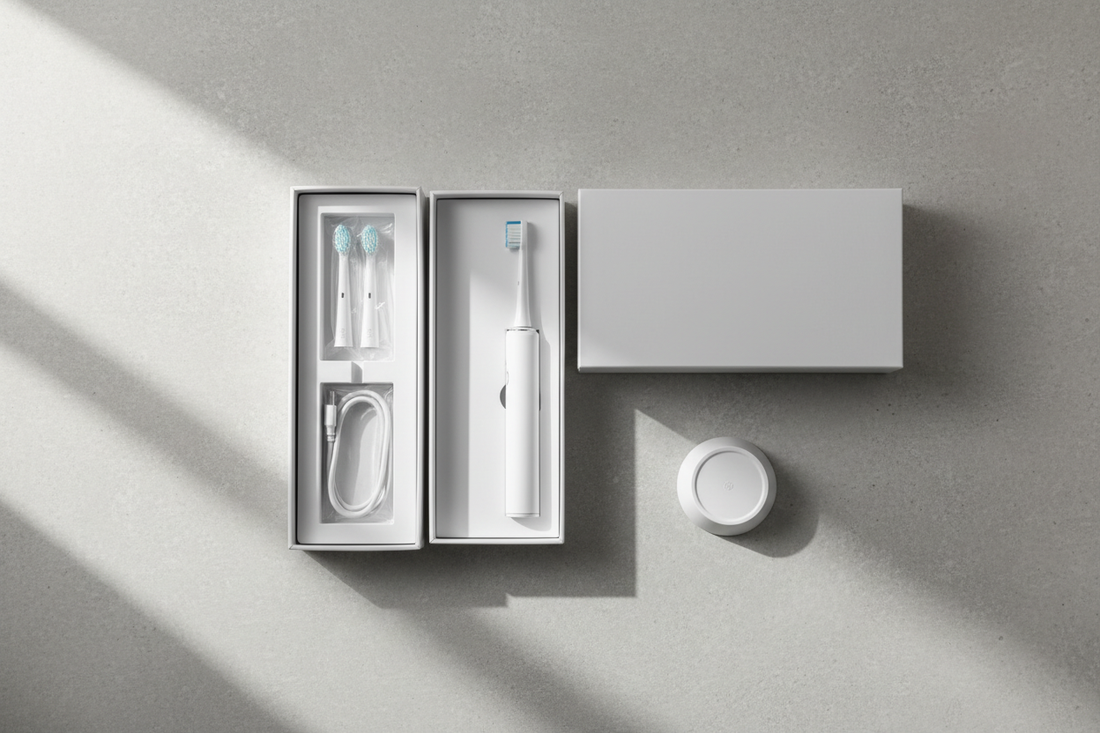 Private label electric toothbrush with custom brand packaging and logo on white background, OEM manufacturing sample