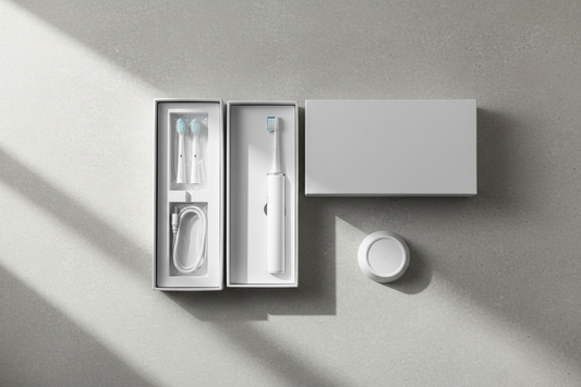 Private label electric toothbrush with custom brand packaging and logo on white background, OEM manufacturing sample