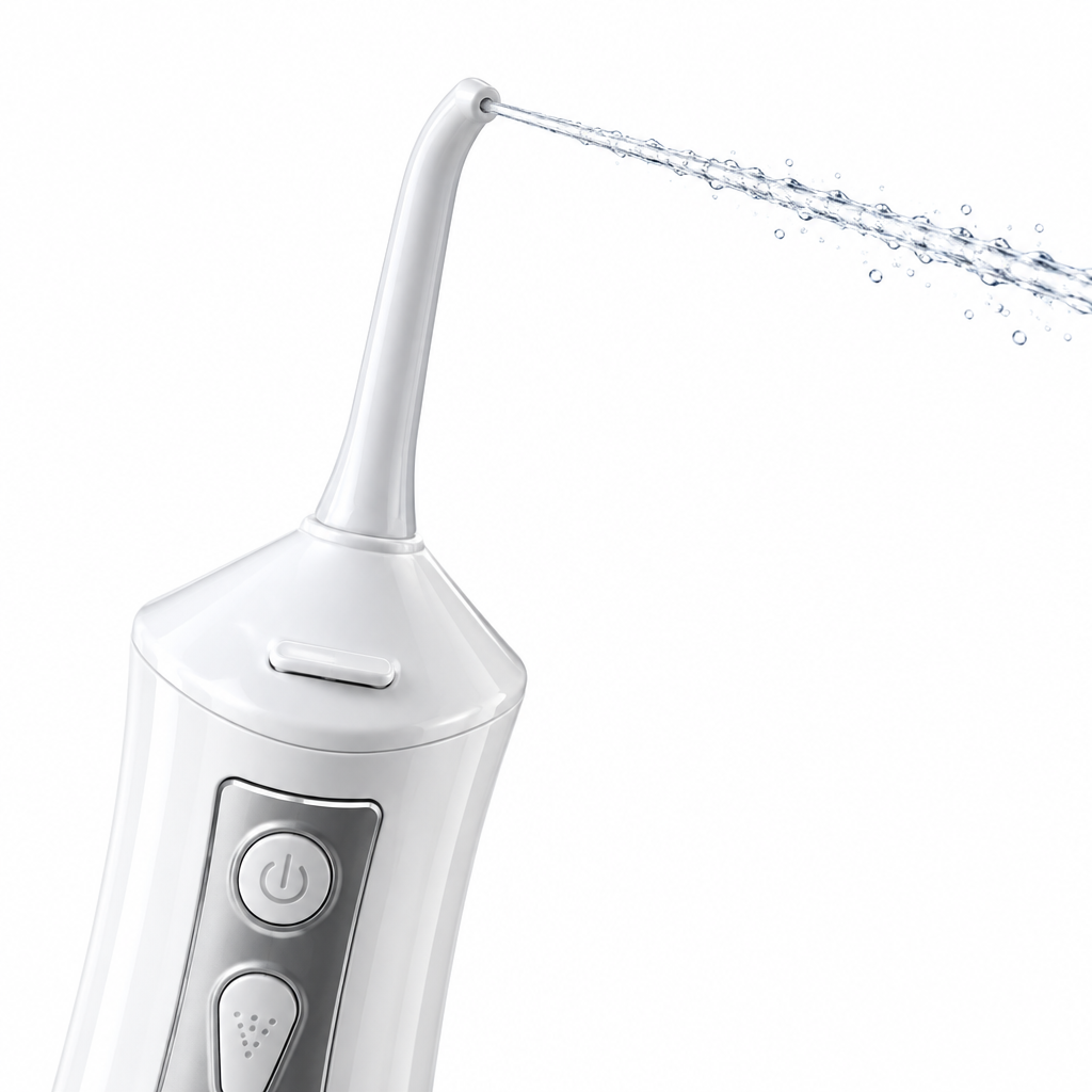 0.6mm micro-pulsed high pressure water stream ejected from precision nozzle of oral irrigator powered by high stability micro-piston pump