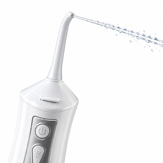 0.6mm micro-pulsed high pressure water stream ejected from precision nozzle of oral irrigator powered by high stability micro-piston pump
