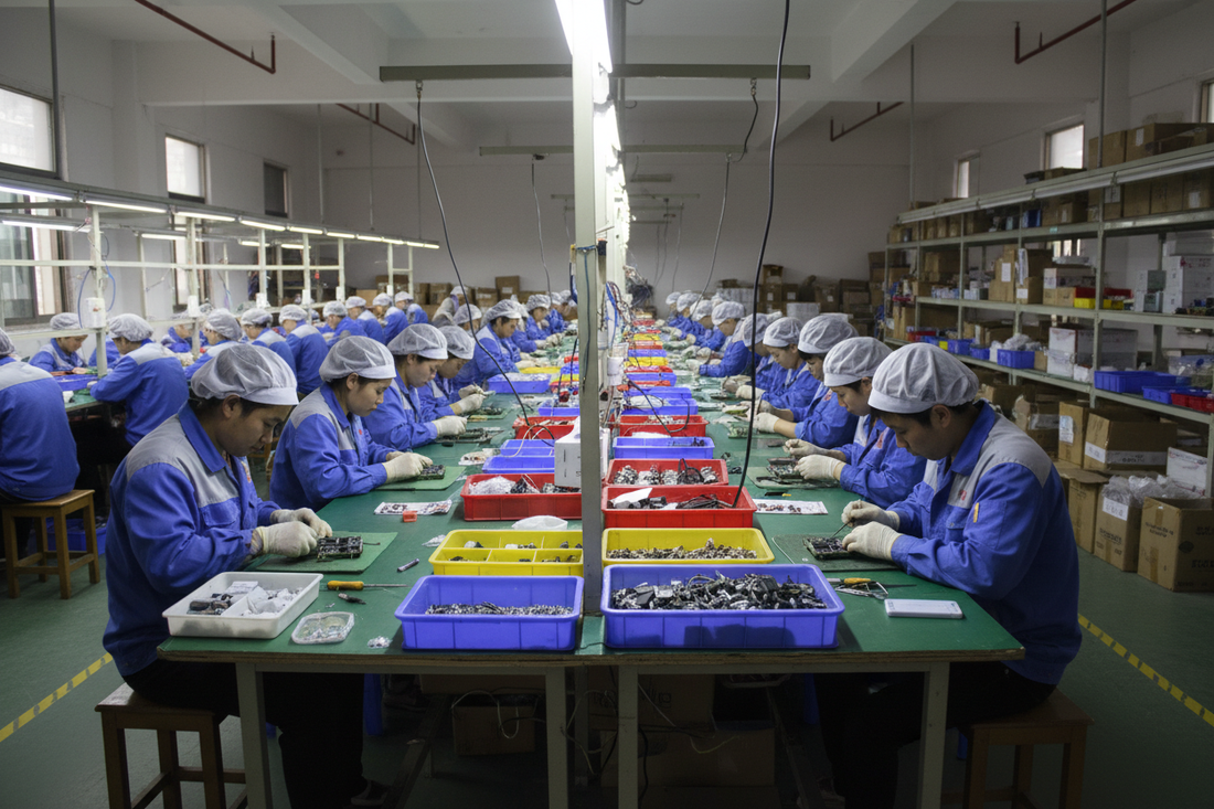 OEM electric toothbrush manufacturing facility showing production line and quality control inspection at OQPO factory in Dongguan China
