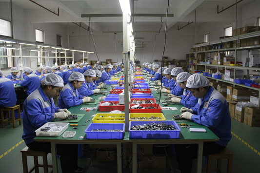 OEM electric toothbrush manufacturing facility showing production line and quality control inspection at OQPO factory in Dongguan China