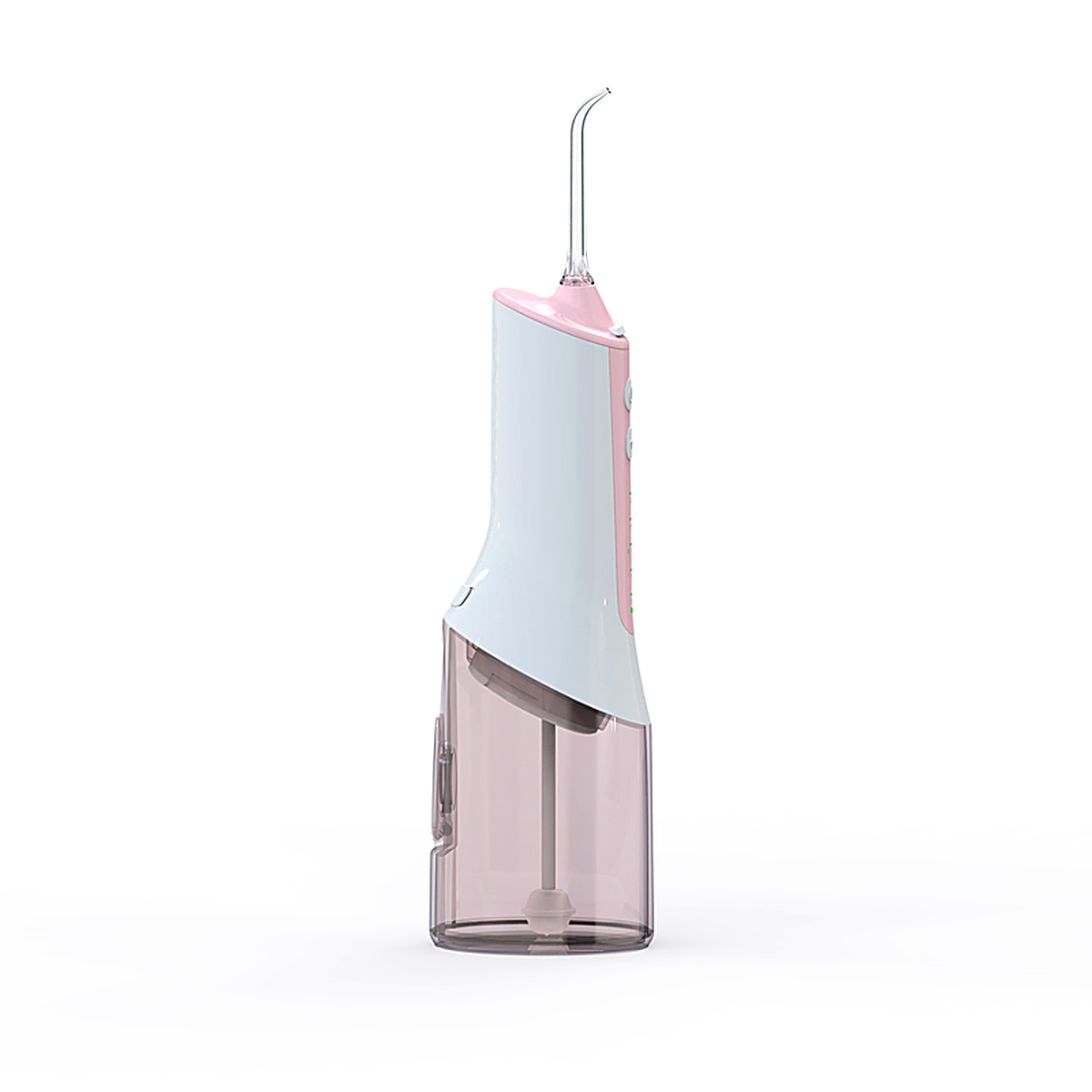 PA05 cordless water flosser in white and pink with transparent reservoir