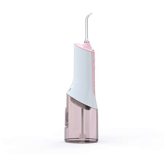 PA05 cordless water flosser in white and pink with transparent reservoir