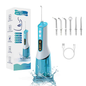 White PA06 cordless water flosser with transparent tank and assorted nozzles