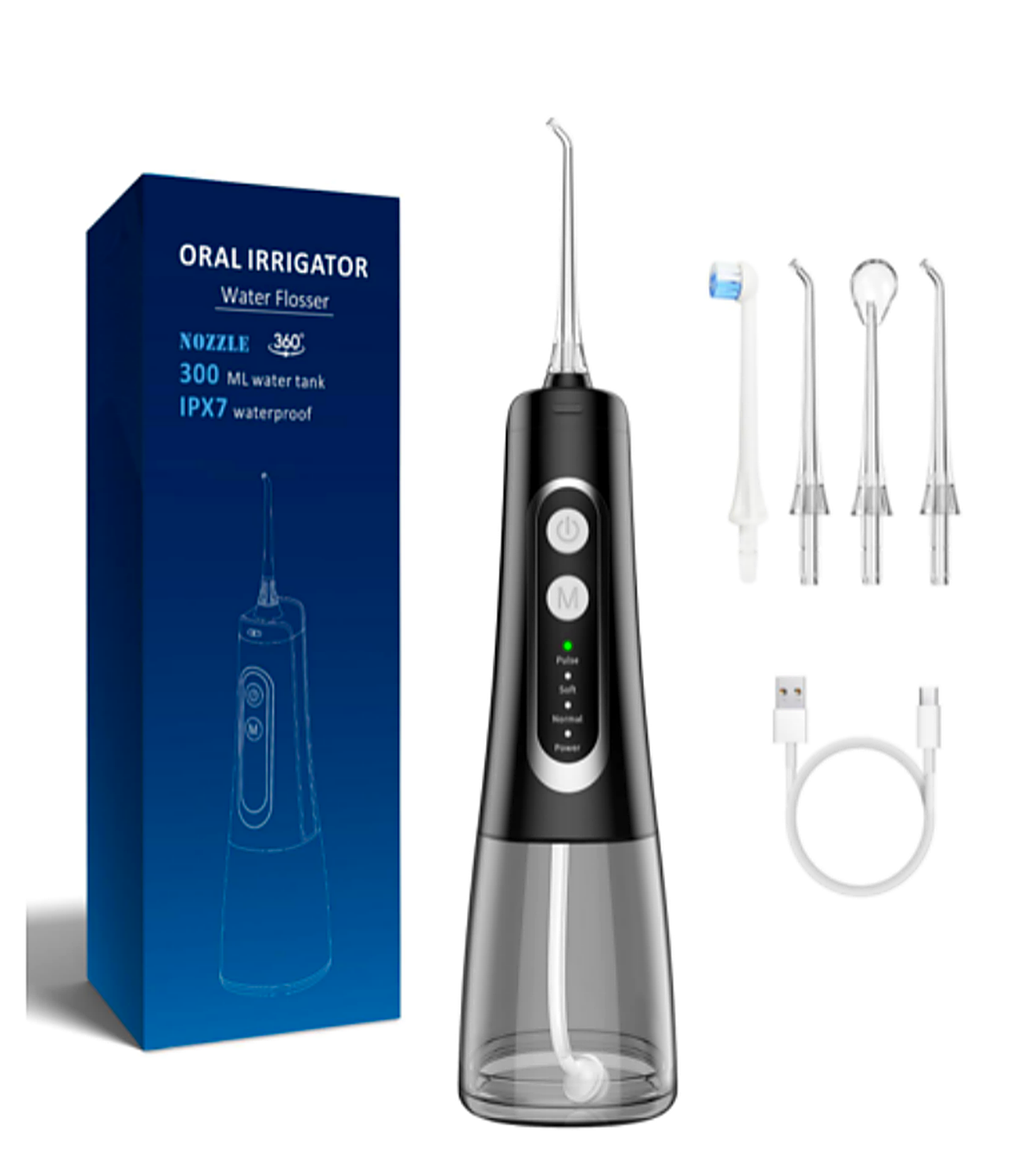 M139Pro water flosser with white body, reservoir, nozzles and charging cable