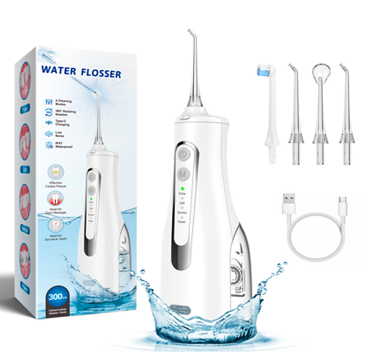 White M149 water flosser shown in two views with blue reservoir and accessories