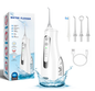 White M149 water flosser shown in two views with blue reservoir and accessories