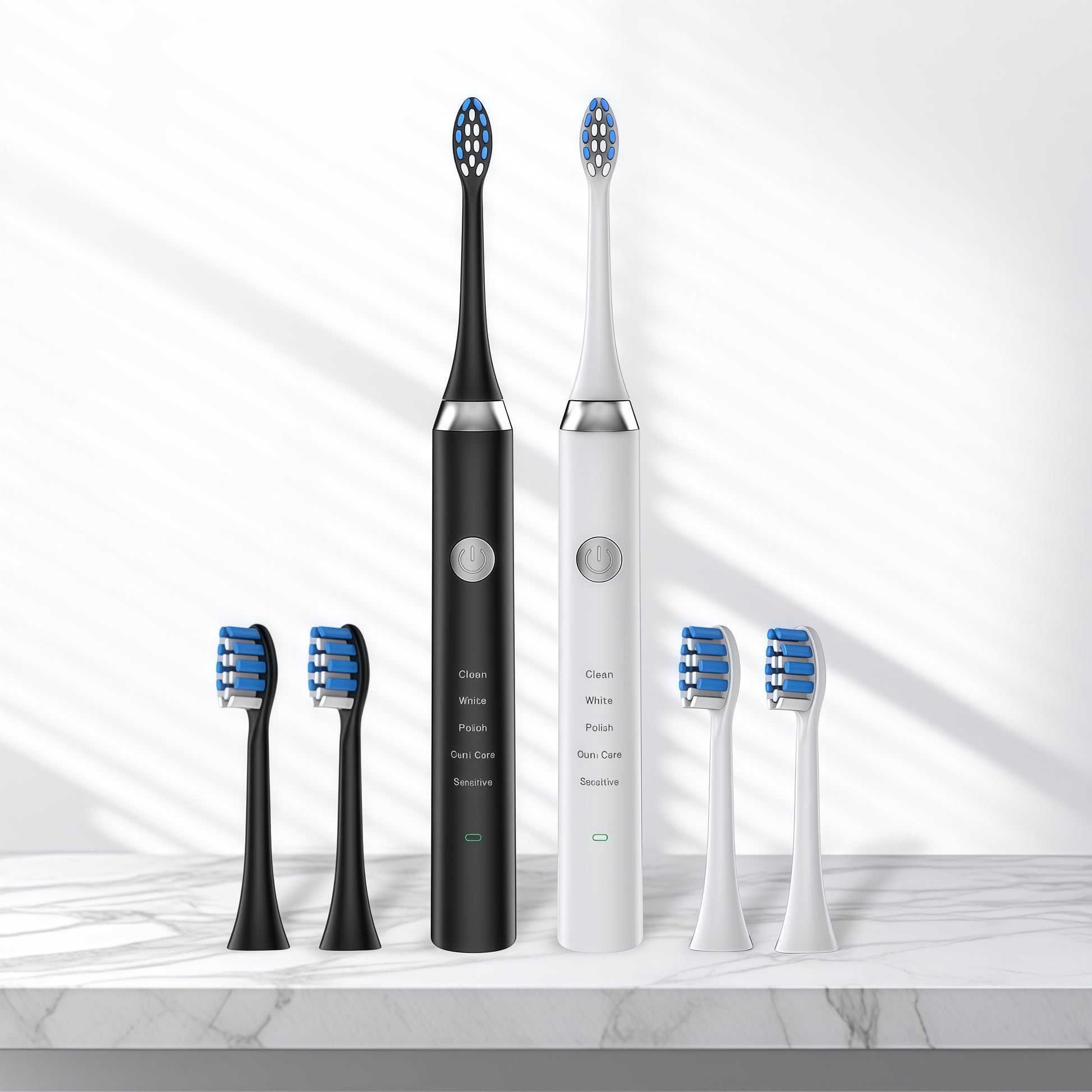 Two Sonic Electric Toothbrush 36,000 VPM | PA5618 in black and white with extra brush heads on marble surface.