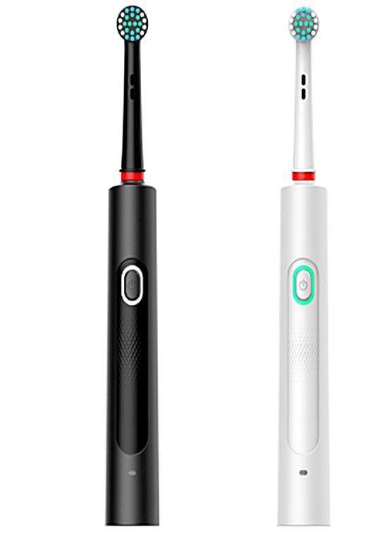 TB03 rotating electric toothbrush in pink and dark green with lit round brush heads