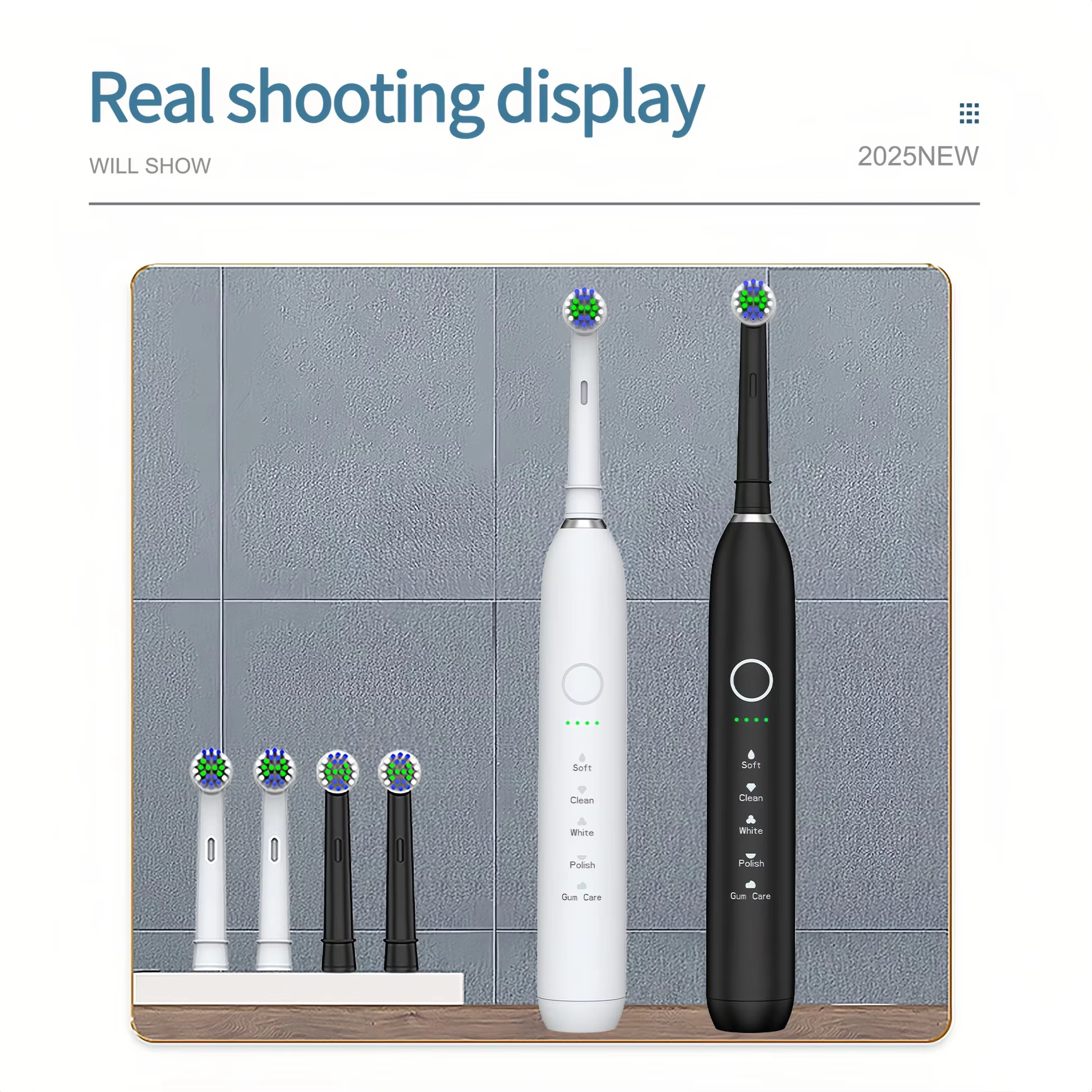 Two Sonic Electric Toothbrush 36,000 VPM | PA5618 models in white and black with extra brush heads displayed on a shelf