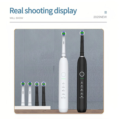 Two Sonic Electric Toothbrush 36,000 VPM | PA5618 models in white and black with extra brush heads displayed on a shelf