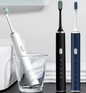T809 sonic electric toothbrush in white, black and dark blue with oval brush heads