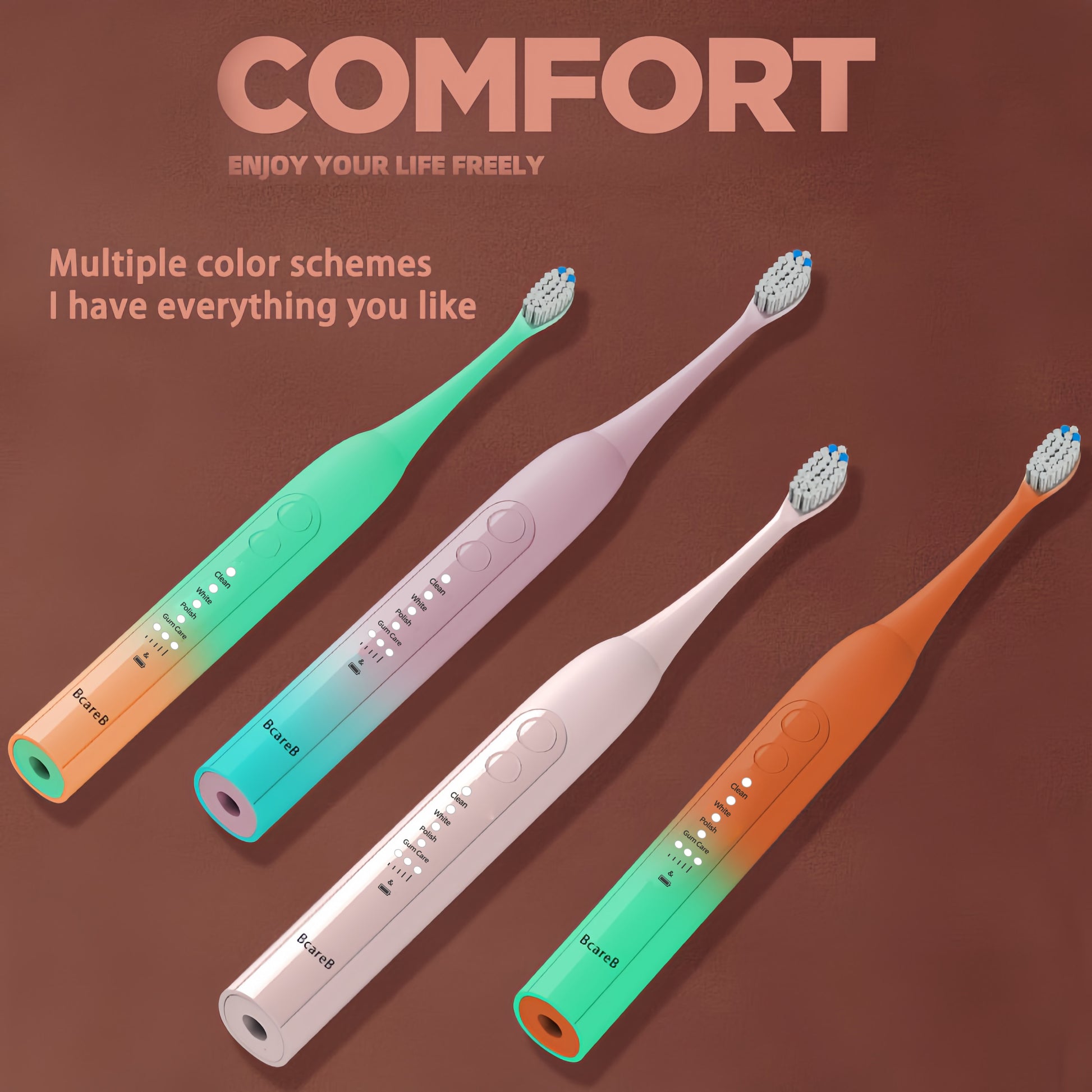 Four colorful Art-Color Sonic Electric Toothbrush | PA5118 models displayed on a brown background with comfort text.