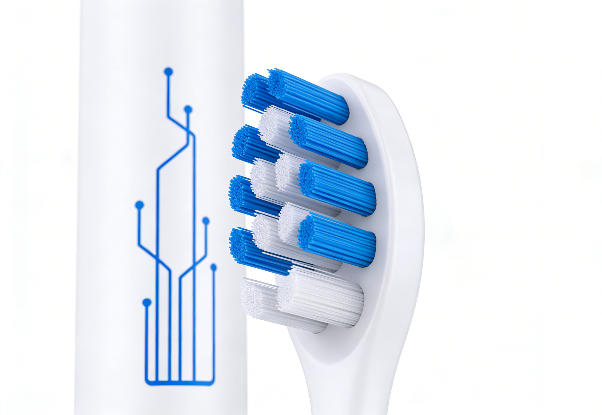 Close-up of blue and white brush head of Sonic Oscillating-Sweep Electric Toothbrush 40,000 VPM | PA5718 with white base and blue circuit design.