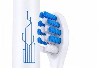 Close-up of blue and white brush head of Sonic Oscillating-Sweep Electric Toothbrush 40,000 VPM | PA5718 with white base and blue circuit design.