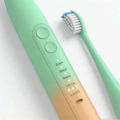 Art-Color Sonic Electric Toothbrush | PA5118 in green and peach with dual buttons and LED indicators, shown with brush head detached