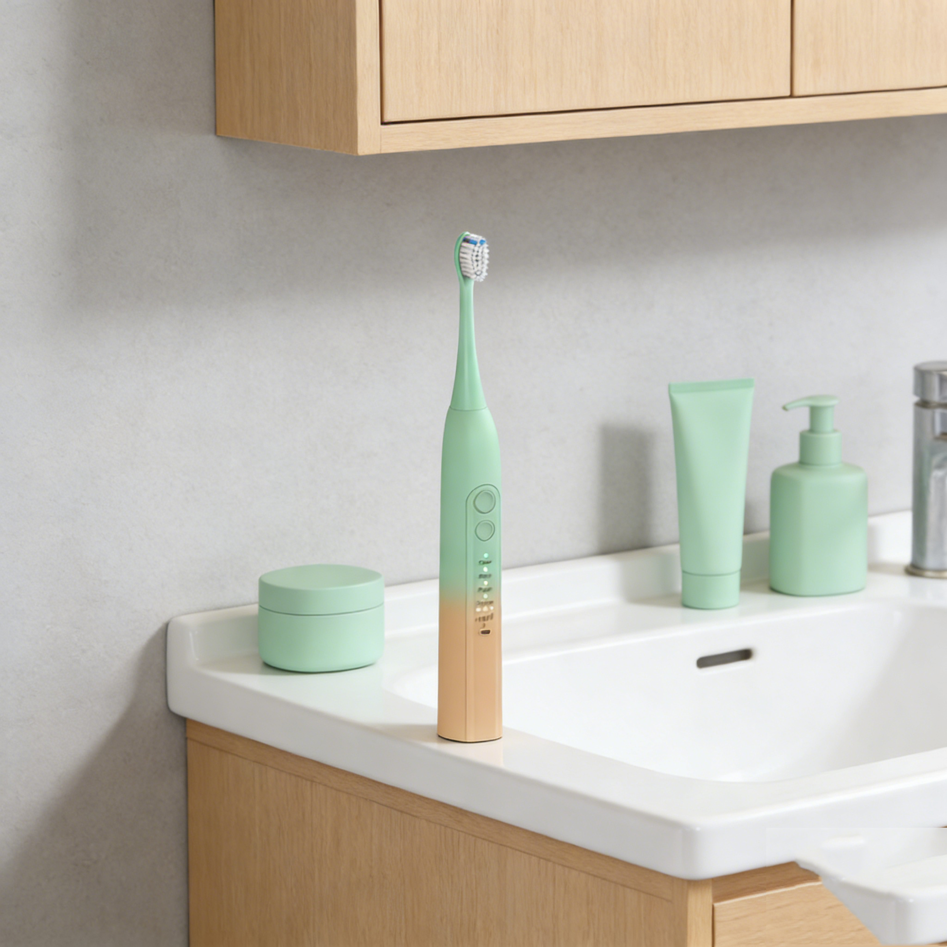 Art-Color Sonic Electric Toothbrush | PA5118 in pastel green and beige standing on bathroom sink with matching accessories.