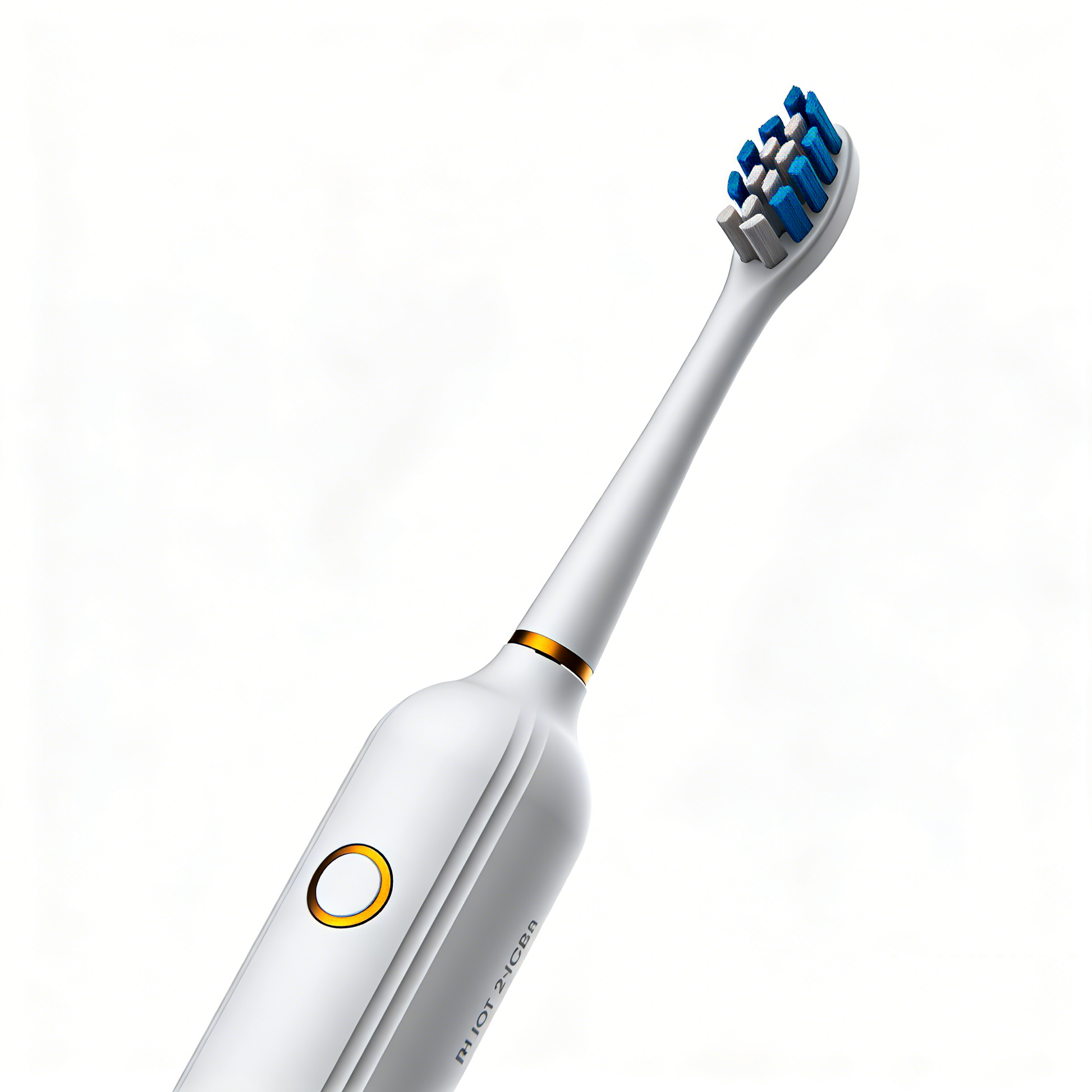 Rotating Electric Toothbrush | PA3618 featuring white handle with gold accents and blue-gray bristles on a white background