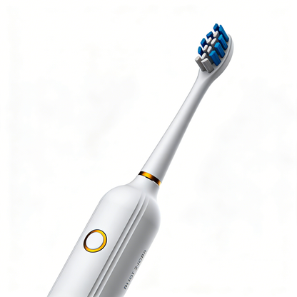 Rotating Electric Toothbrush | PA3618 featuring white handle with gold accents and blue-gray bristles on a white background
