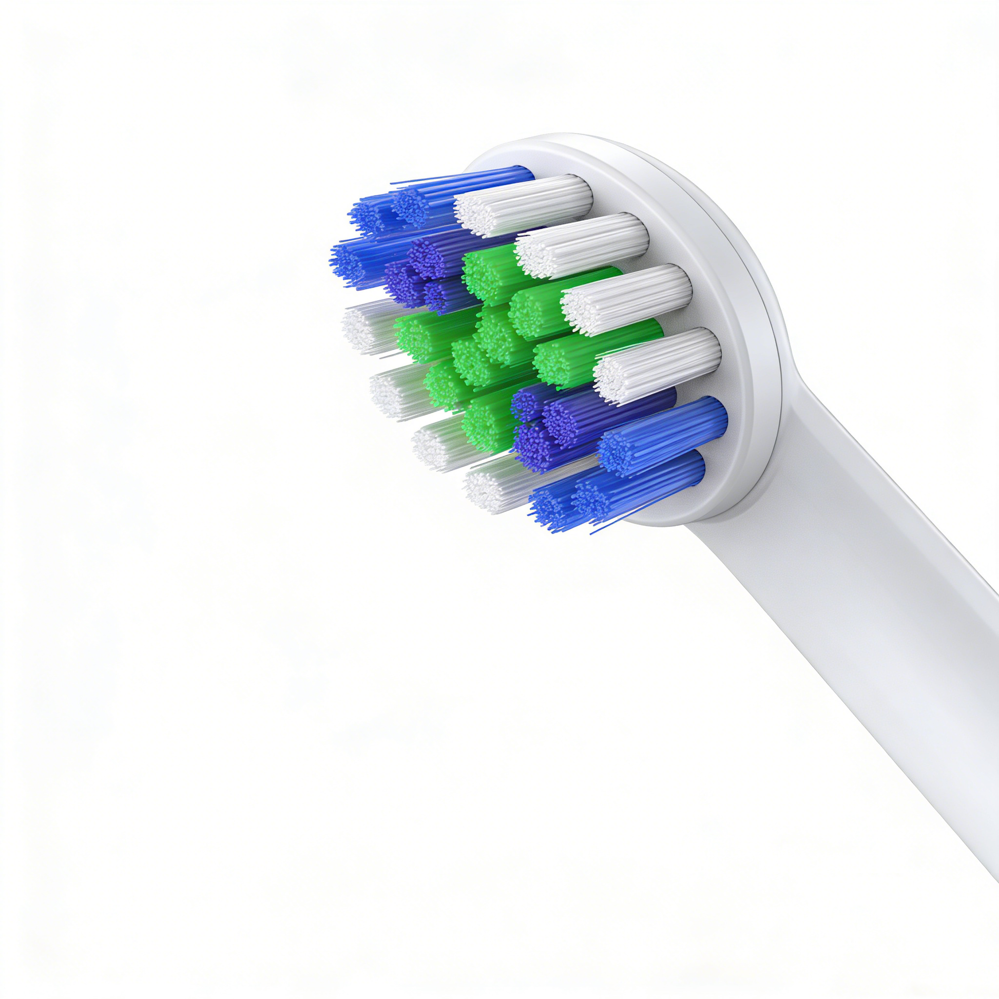 Close-up of rotating electric toothbrush head with blue, green, and white bristles for Rotating Electric Toothbrush | PA3618