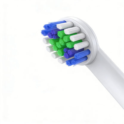 Close-up of rotating electric toothbrush head with blue, green, and white bristles for Rotating Electric Toothbrush | PA3618