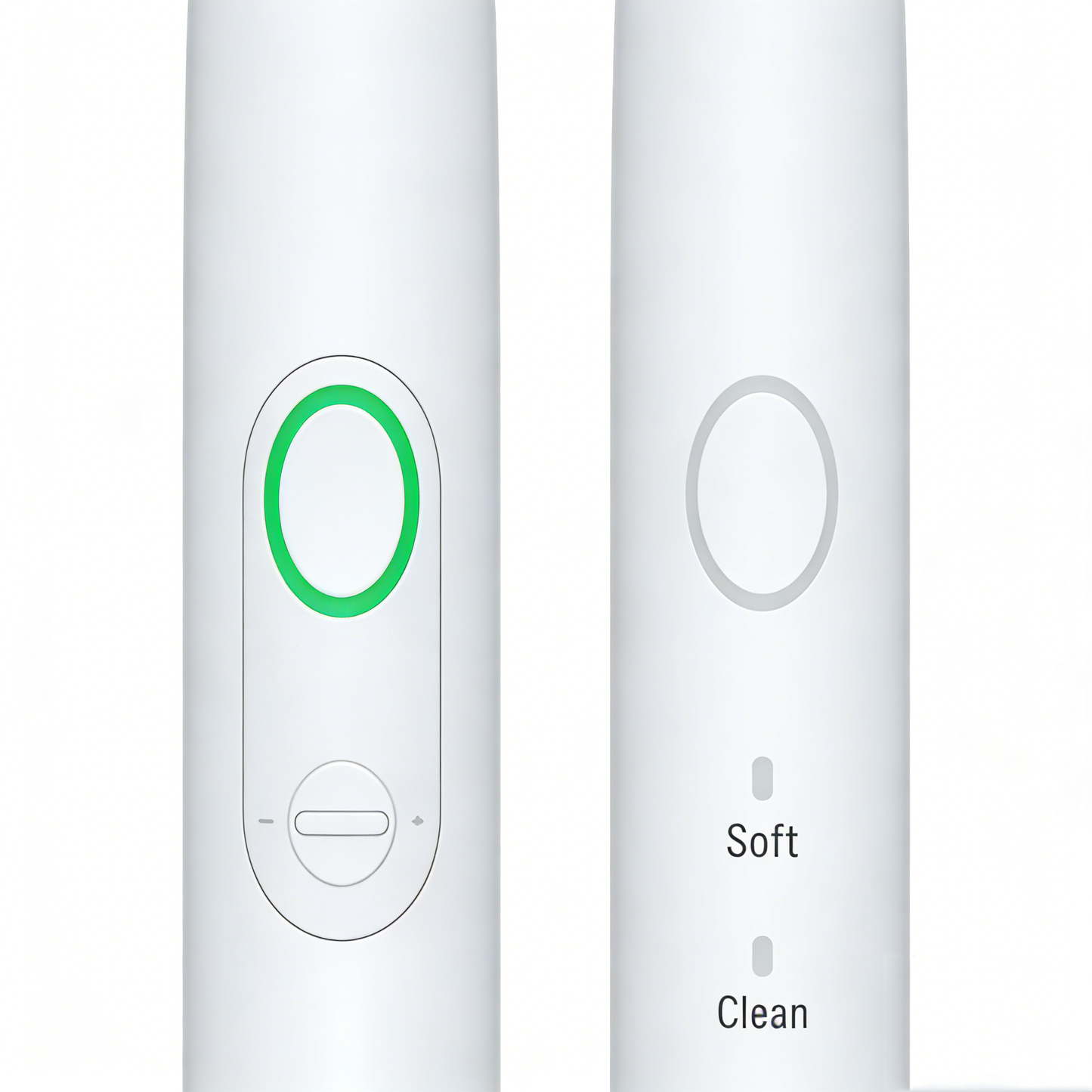 Rotating Electric Toothbrush | PA3618 close-up of white handle with green power button and mode indicators Soft and Clean.