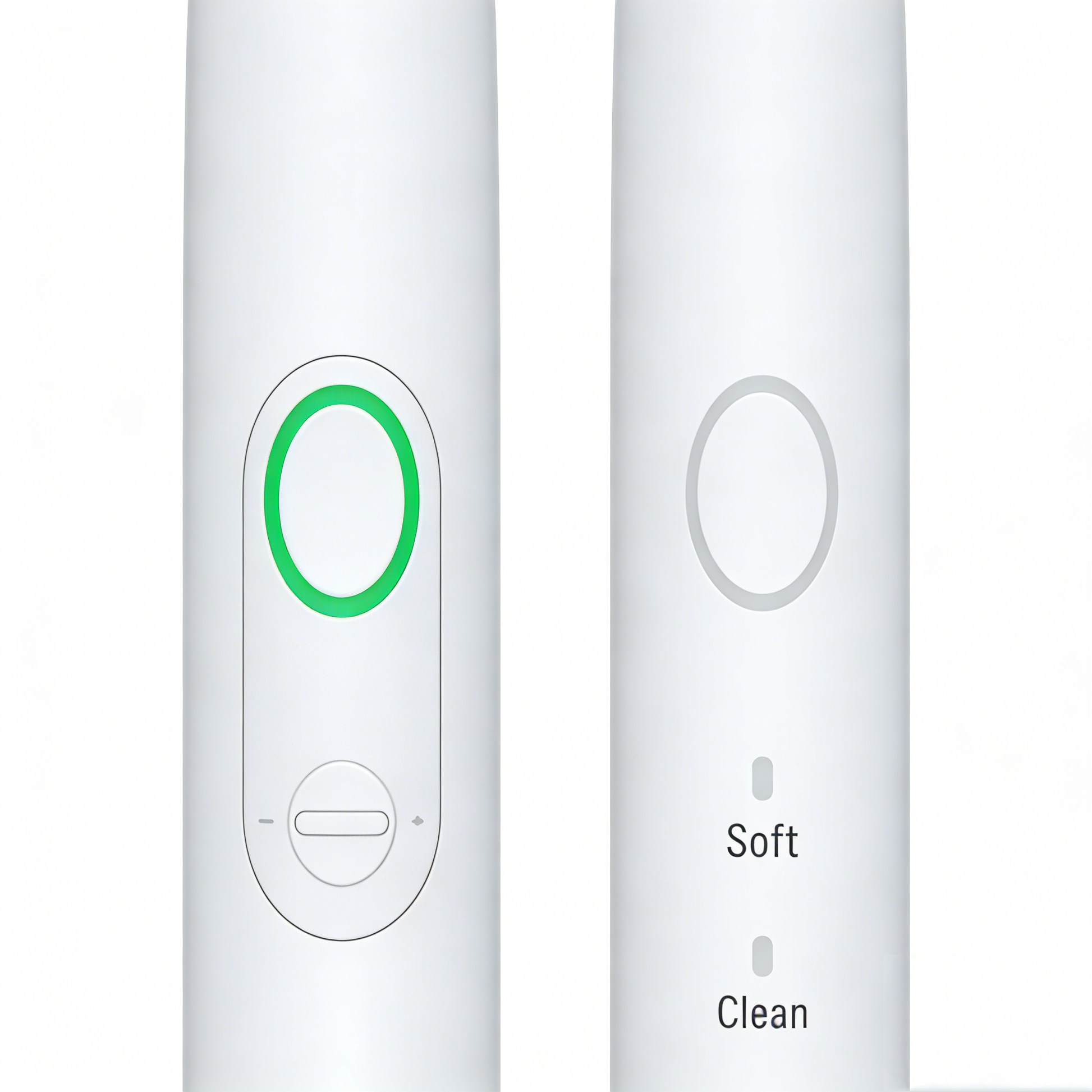 Rotating Electric Toothbrush | PA3618 close-up of white handle with green power button and mode indicators Soft and Clean.