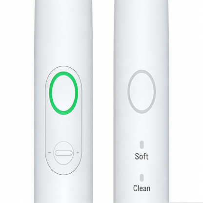 Rotating Electric Toothbrush | PA3618 close-up of white handle with green power button and mode indicators Soft and Clean.