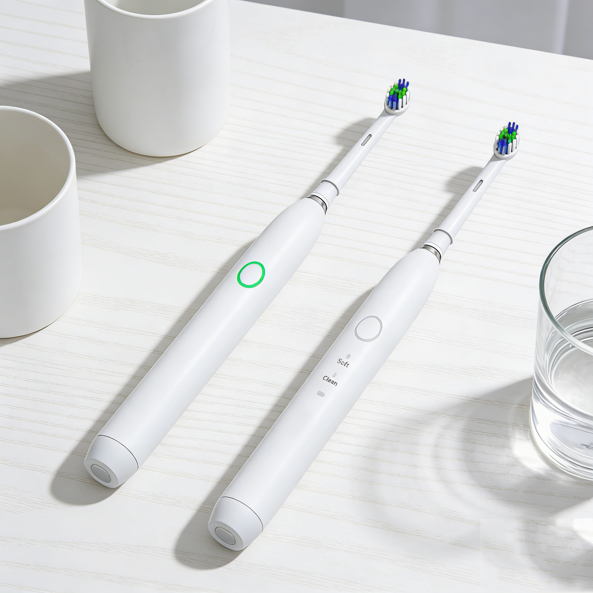 Two white Rotating Electric Toothbrush | PA3618 models with blue and green bristles on a light wood surface next to cups and a glass of water