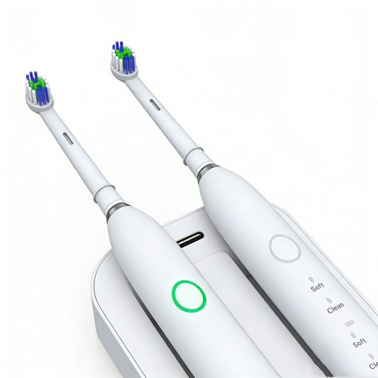 Two white rotating electric toothbrushes with colorful bristles on a charging base, Rotating Electric Toothbrush | PA3618.