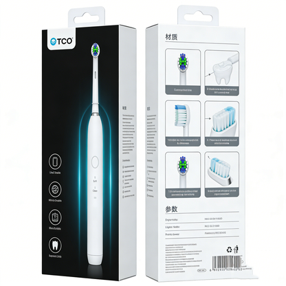 Packaging of Rotating Electric Toothbrush | PA3618 showing front with brush and back with features and brush head close-ups