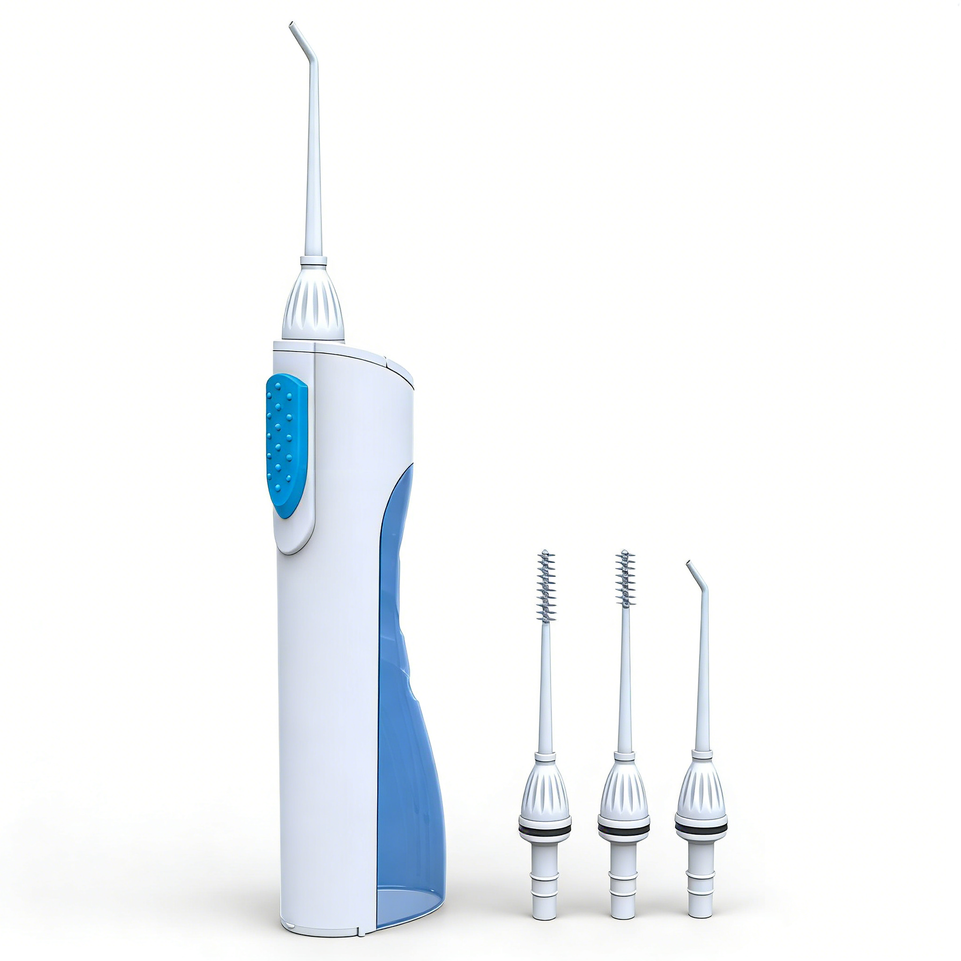 Electric Water Flosser | PA5338 with white and blue body and three interchangeable nozzles for oral hygiene cleaning.