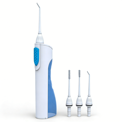 Electric Water Flosser | PA5338 with white and blue body and three interchangeable nozzles for oral hygiene cleaning.