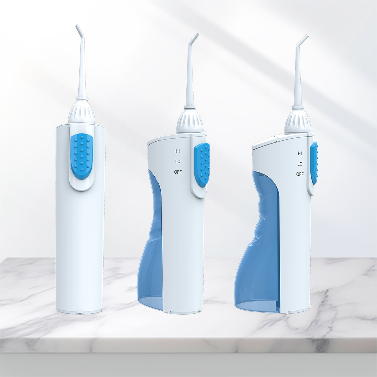 Electric Water Flosser | PA5338 shown from three angles with white and blue ergonomic design on marble surface.