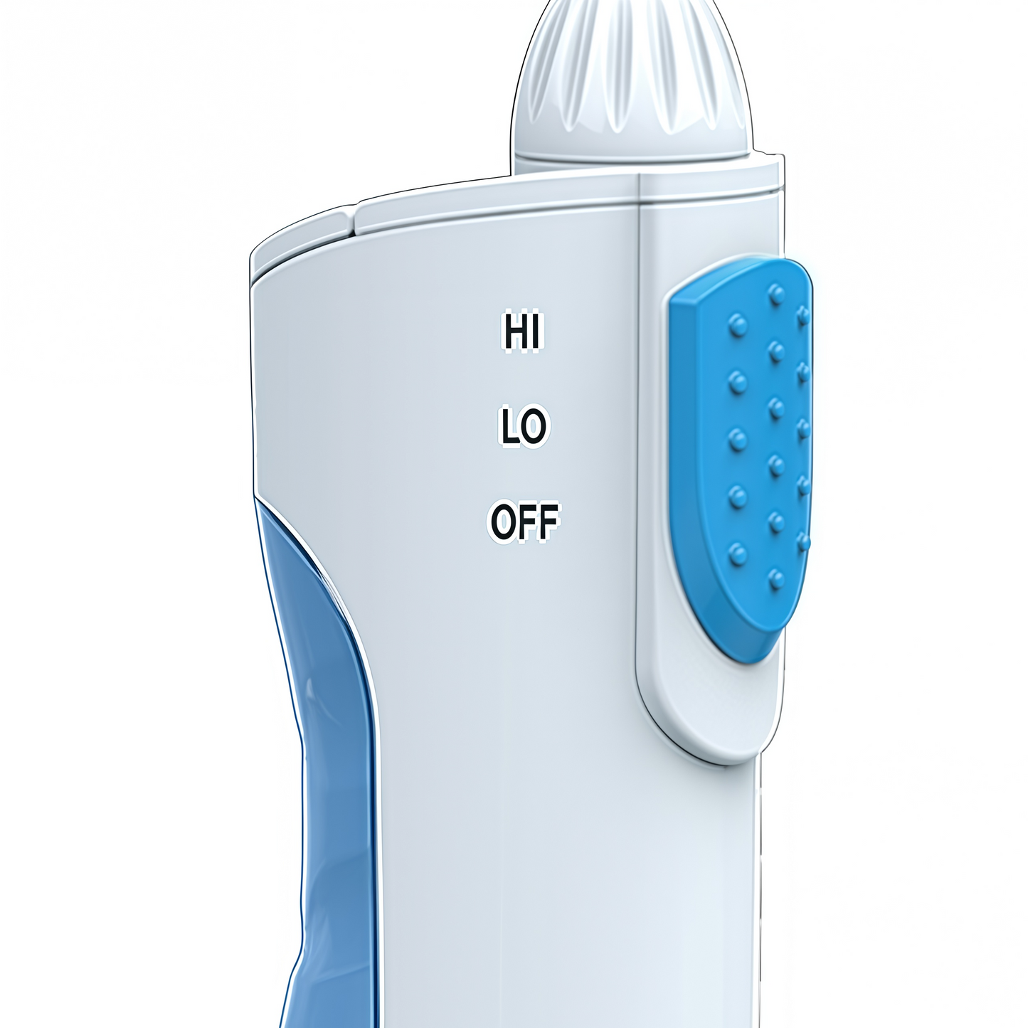 Close-up of Electric Water Flosser | PA5338 showing power settings and blue grip button on white body.
