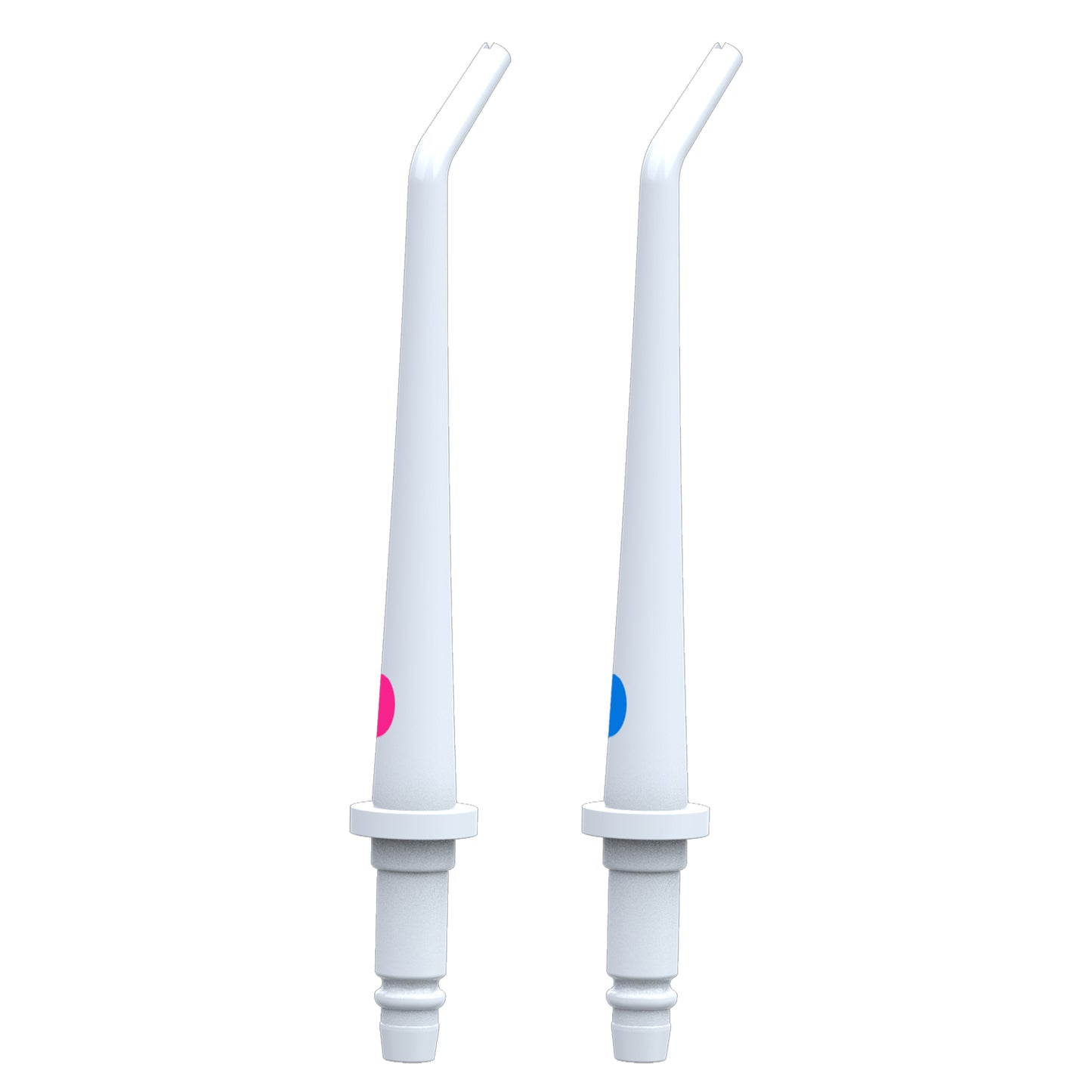 Two white replacement tips with blue and pink bands for the Electric Water Flosser | PA5338 on a white background