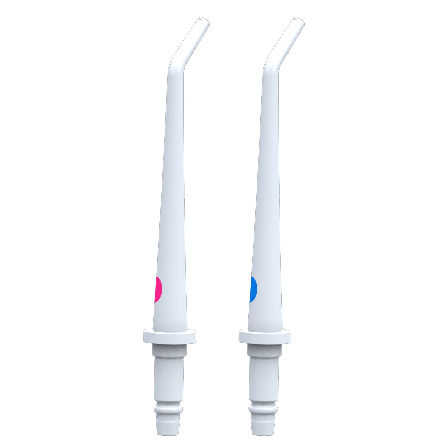 Two white replacement tips with blue and pink bands for the Electric Water Flosser | PA5338 on a white background
