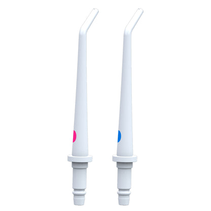 Two white replacement tips with blue and pink bands for the Electric Water Flosser | PA5338 on a white background