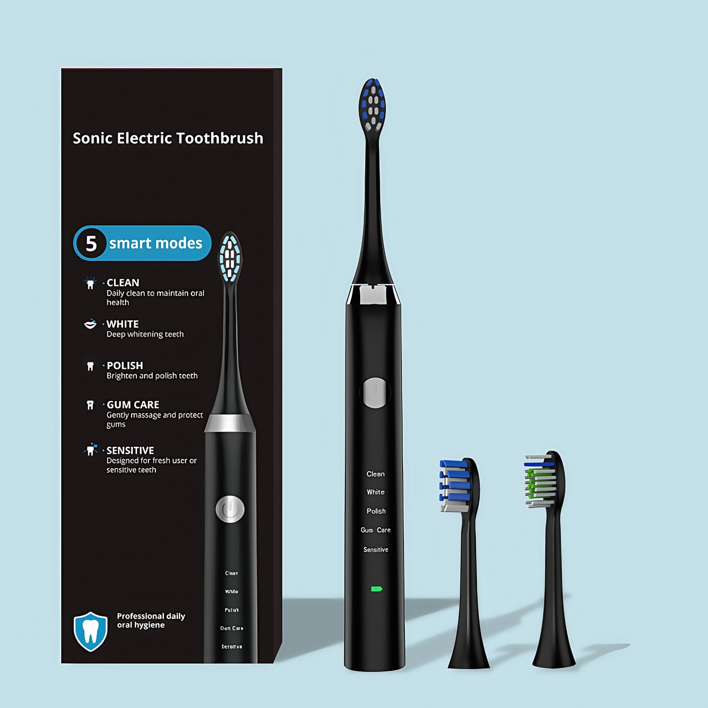 Sonic Electric Toothbrush 36,000 VPM | PA5618 with black handle, 5 smart modes, and two extra brush heads.