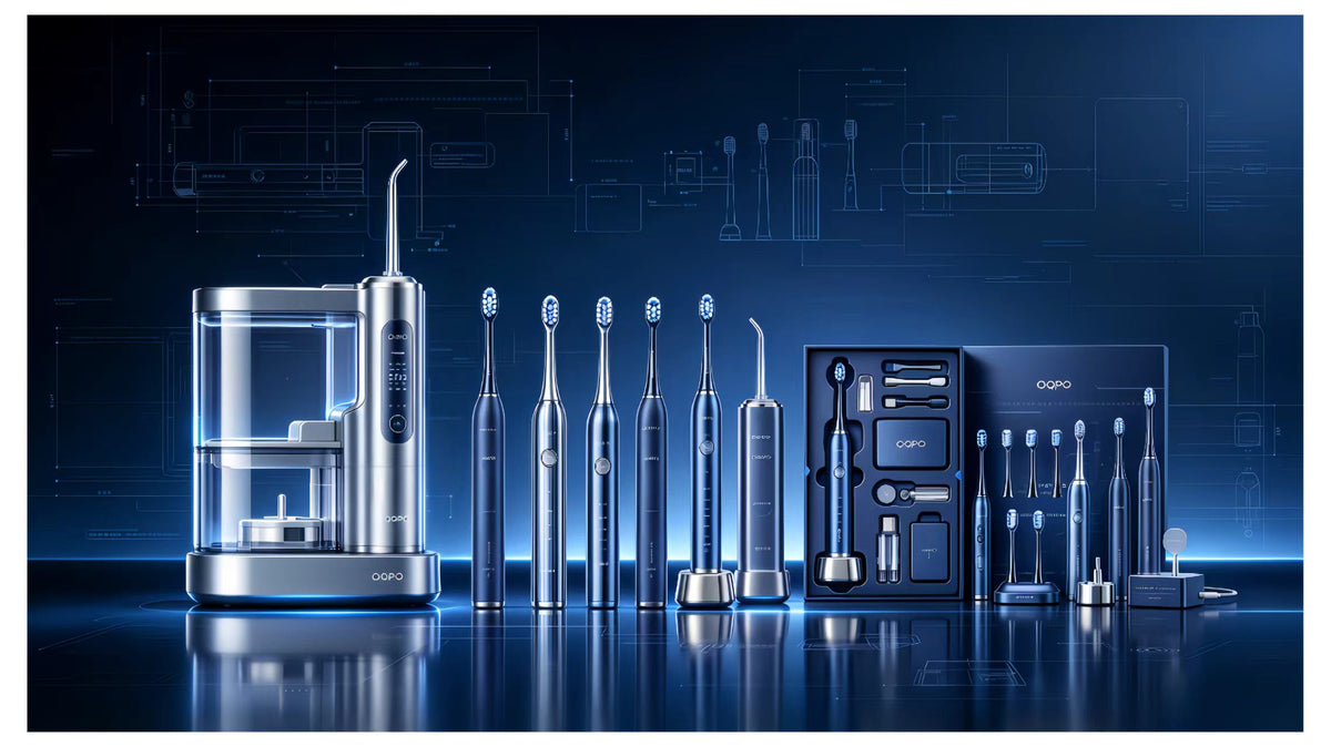 OQPO full range electric toothbrush and water flosser display, dark blue tech background, B2B hero banner, OQPO logo only on products