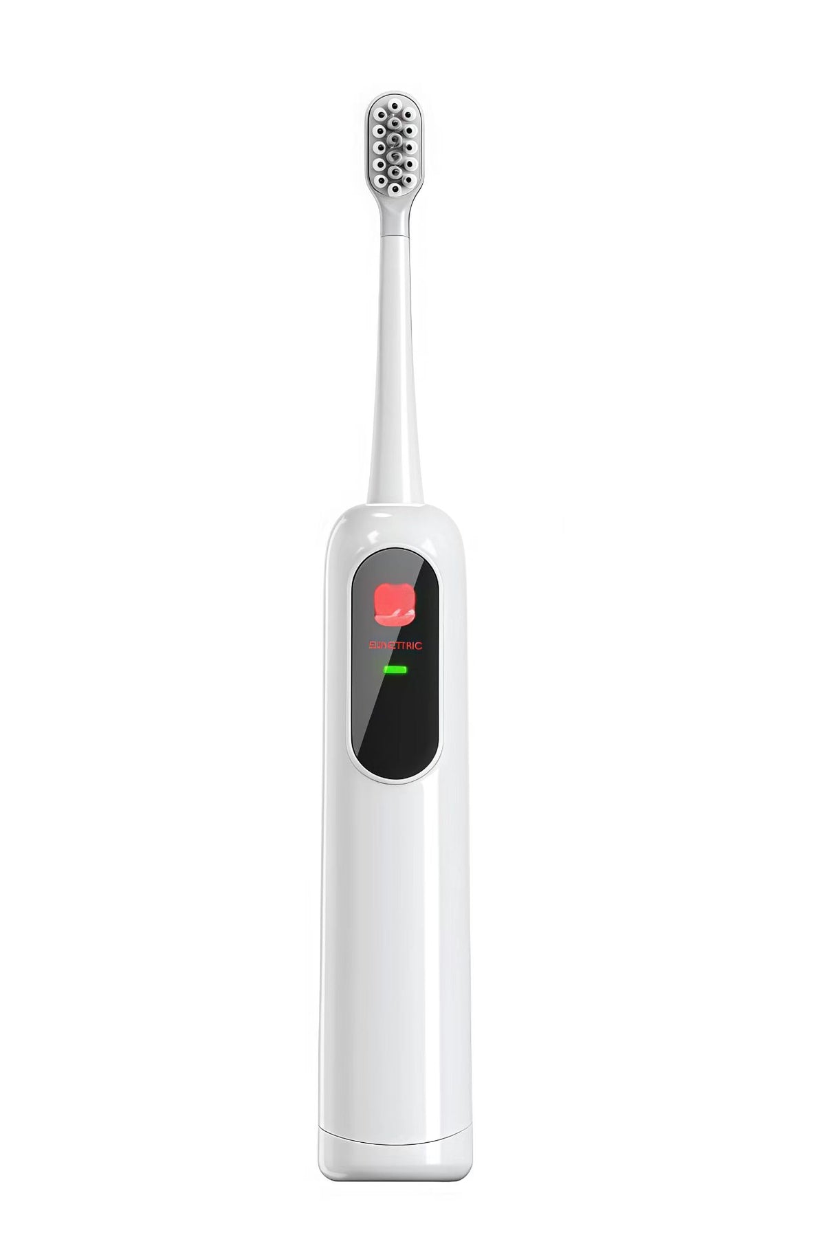 White ME07 electric toothbrush upright with oval brush head and front display