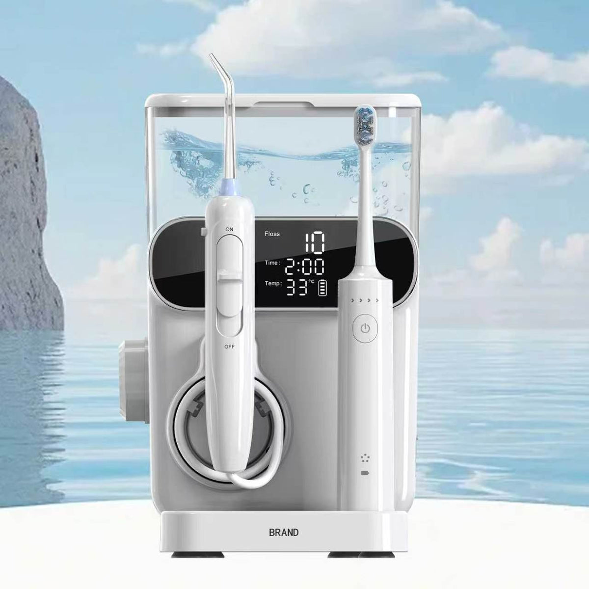 ME14 family oral care station shown upright with water flosser and electric toothbrush