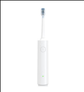 White ME08 electric toothbrush upright on white background